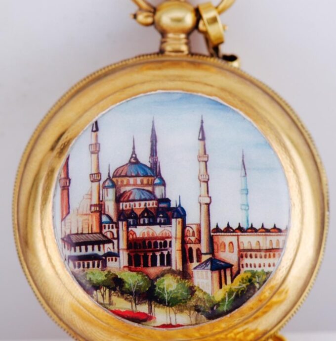 Antique Gilt Silver Case Pocket Watch Ottoman Blue Mosque Enamel Scene c1880's