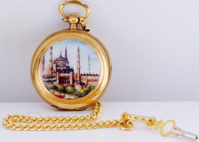 Antique Gilt Silver Case Pocket Watch Ottoman Blue Mosque Enamel Scene c1880's