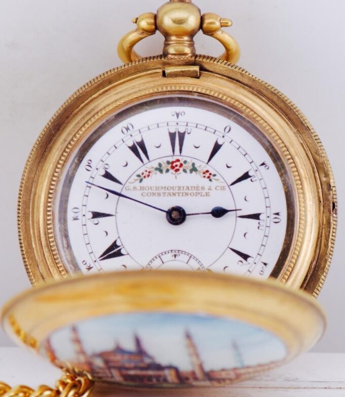 Antique Gilt Silver Case Pocket Watch Ottoman Blue Mosque Enamel Scene c1880's