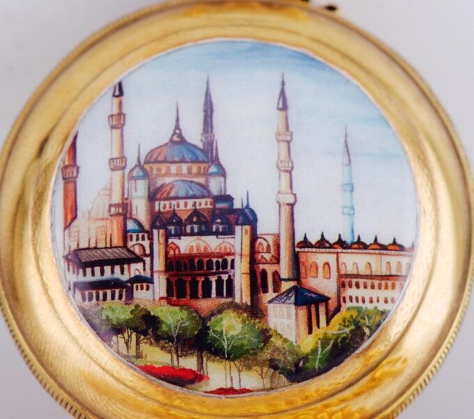 Antique Gilt Silver Case Pocket Watch Ottoman Blue Mosque Enamel Scene c1880's