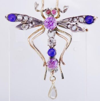 Antique Imperial Faberge 14k Gold Dragonfly Brooch Lapis-Lazuli Amethyst c1880