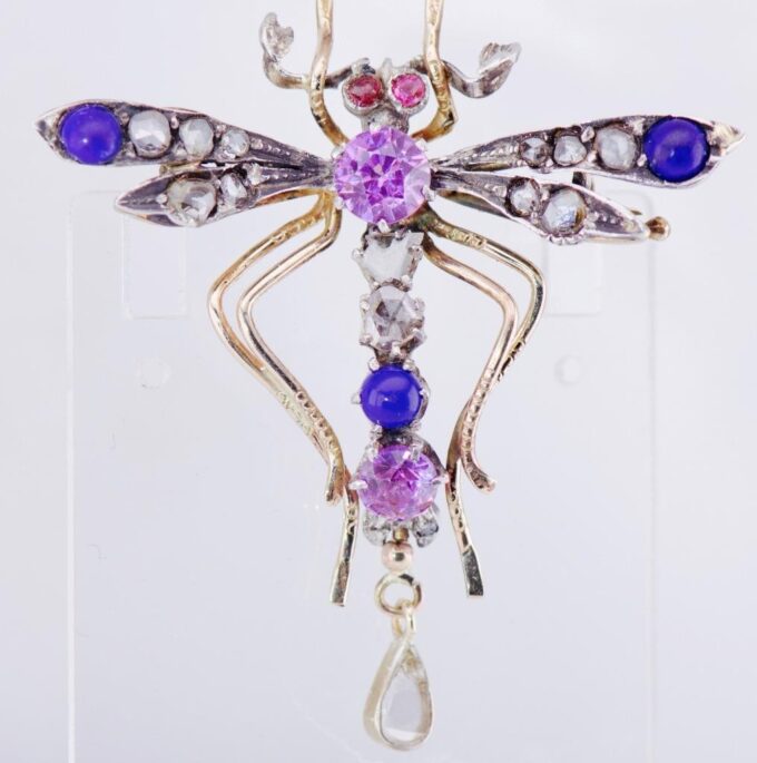 Antique Imperial Faberge 14k Gold Dragonfly Brooch Lapis-Lazuli Amethyst c1880