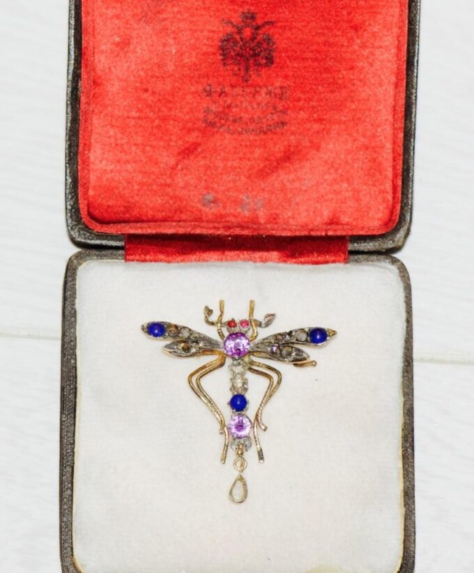 Antique Imperial Faberge 14k Gold Dragonfly Brooch Lapis-Lazuli Amethyst c1880