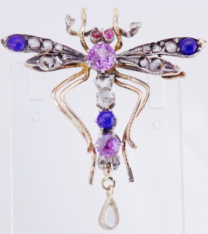 Antique Imperial Faberge 14k Gold Dragonfly Brooch Lapis-Lazuli Amethyst c1880