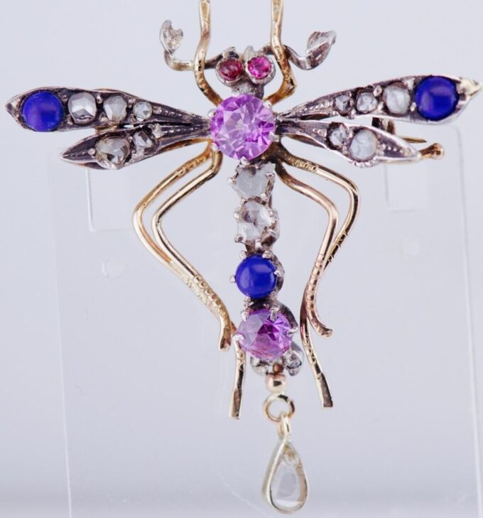 Antique Imperial Faberge 14k Gold Dragonfly Brooch Lapis-Lazuli Amethyst c1880