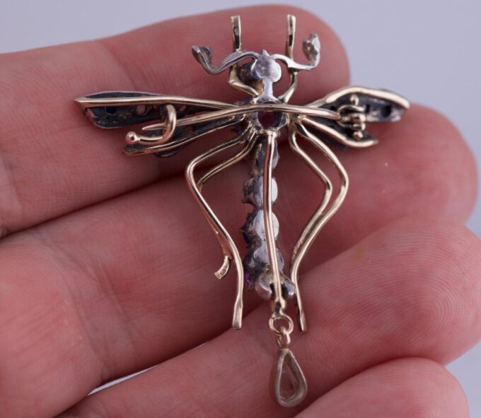Antique Imperial Faberge 14k Gold Dragonfly Brooch Lapis-Lazuli Amethyst c1880