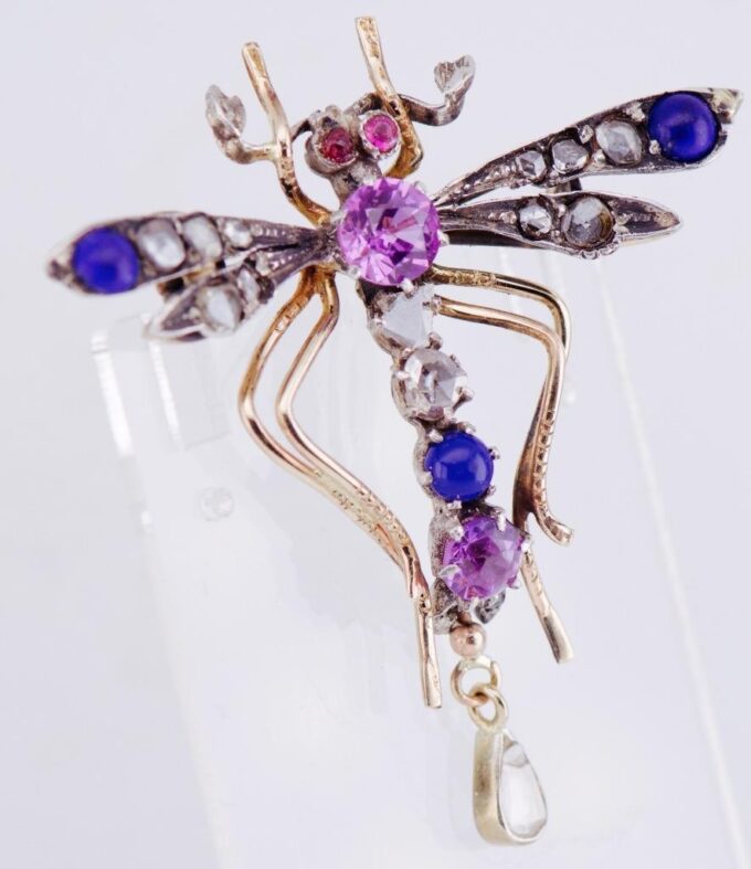 Antique Imperial Faberge 14k Gold Dragonfly Brooch Lapis-Lazuli Amethyst c1880