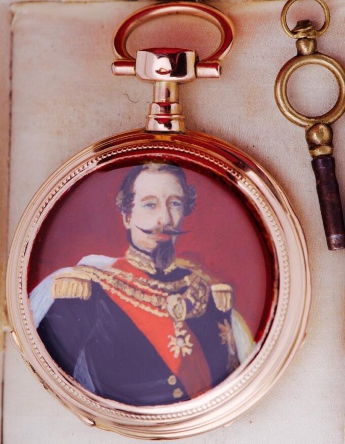Antique French Napoleon III Pocket Watch 18k Gold Hand Painted Enamel c1870 Box