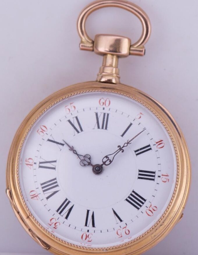 Antique French Napoleon III Pocket Watch 18k Gold Hand Painted Enamel c1870 Box