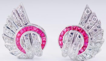 Antique Art Deco 18k White Gold Earrings Raymond Yard c1930s Diamond Rubies