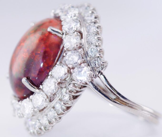 Antique French Boucheron Paris Ring 18k White Gold 5ct Diamond and 7ct Fire Opal