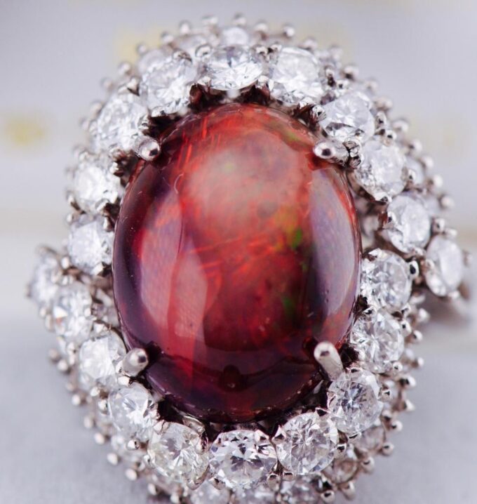 Antique French Boucheron Paris Ring 18k White Gold 5ct Diamond and 7ct Fire Opal