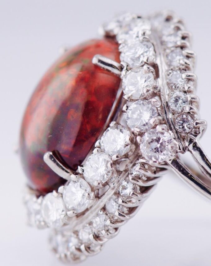 Antique French Boucheron Paris Ring 18k White Gold 5ct Diamond and 7ct Fire Opal