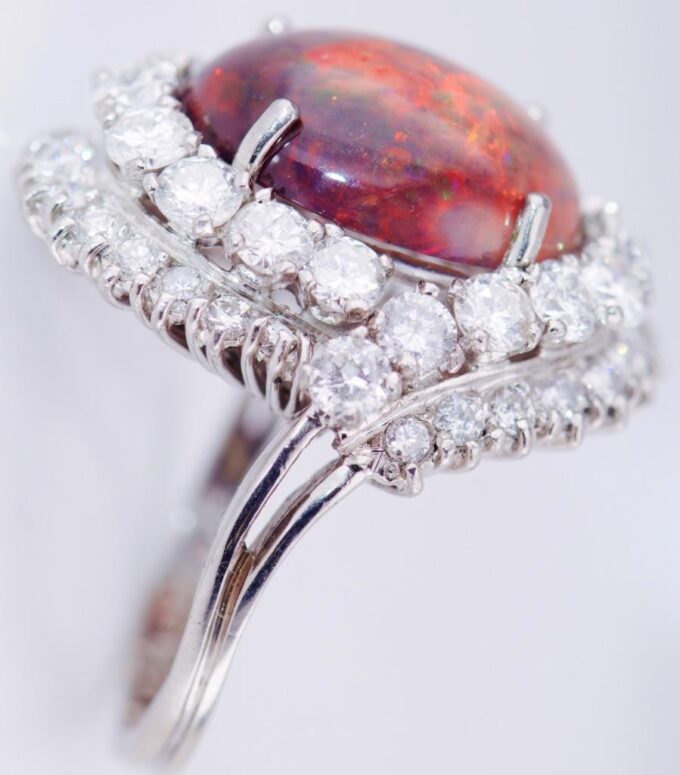 Antique French Boucheron Paris Ring 18k White Gold 5ct Diamond and 7ct Fire Opal