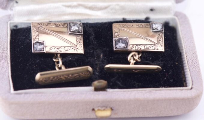 Antique Imperial Faberge Jewelled Engraved 14k Gold Cufflinks Set c1890's Boxed