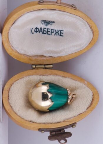 Antique Faberge Easter Egg Pendant 14k Gold Carved Malachite c1890's Boxed