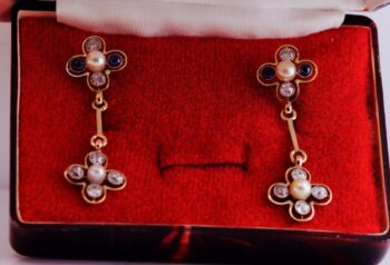 Antique Imperial Faberge Earrings Set 18k Gold Sapphire Pearl c1880 Tsar Era