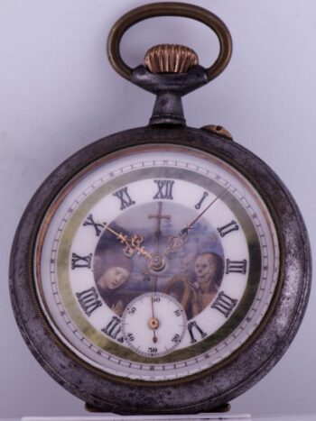 Antique Pocket Watch Victorian MEMENTO MORI Skull Skeleton Enamel Dial c1890