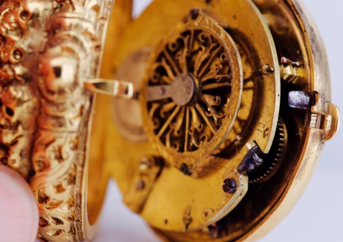 Antique French Occultist Verge Fusee Pocket Watch Memento Mori Skulls Gilt Case