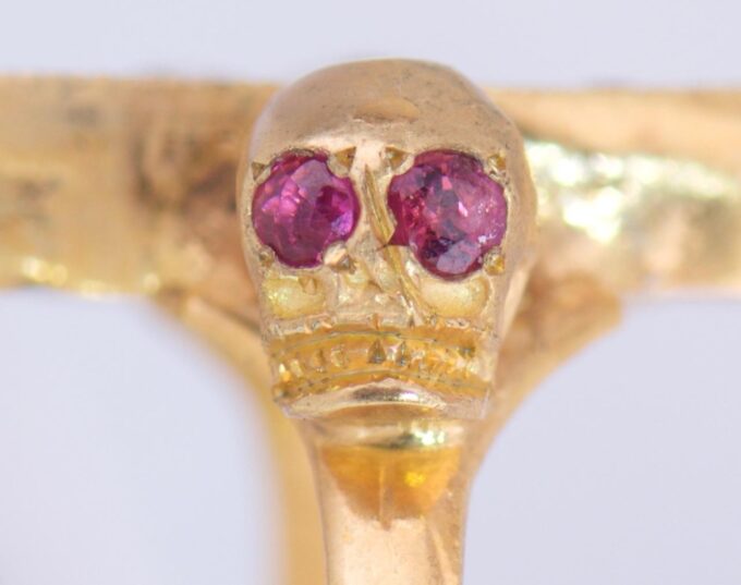Antique Victorian 14k Gold Diamond Ruby Ladies Ring Memento Mori Skull c1880s