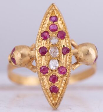 Antique Victorian 14k Gold Diamond Ruby Ladies Ring Memento Mori Skull c1880s