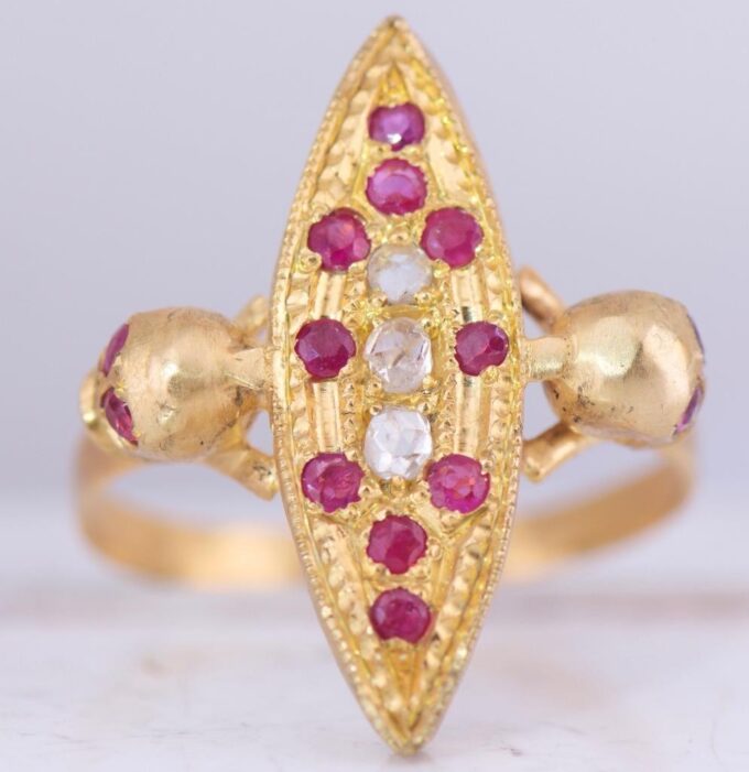 Antique Victorian 14k Gold Diamond Ruby Ladies Ring Memento Mori Skull c1880s
