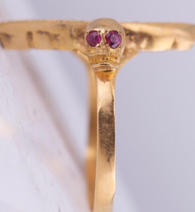 Antique Victorian 14k Gold Diamond Ruby Ladies Ring Memento Mori Skull c1880s