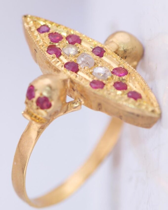 Antique Victorian 14k Gold Diamond Ruby Ladies Ring Memento Mori Skull c1880s