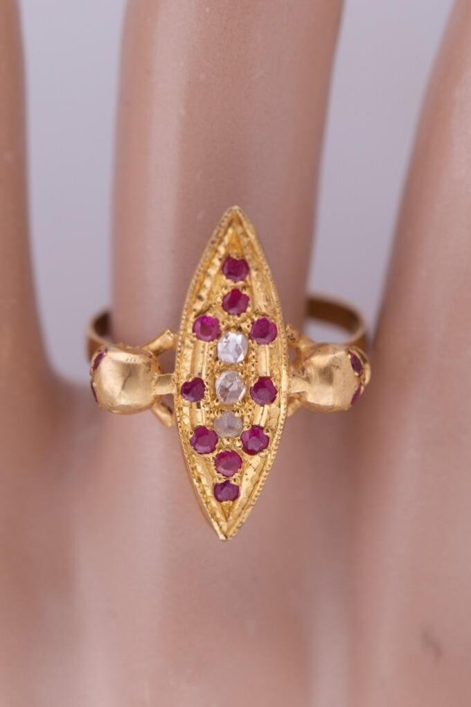 Antique Victorian 14k Gold Diamond Ruby Ladies Ring Memento Mori Skull c1880s