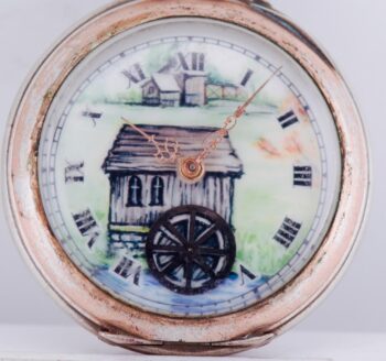 Antique Automaton Pocket Watch Water Mill Scene Gold Filled Trim | Engraved