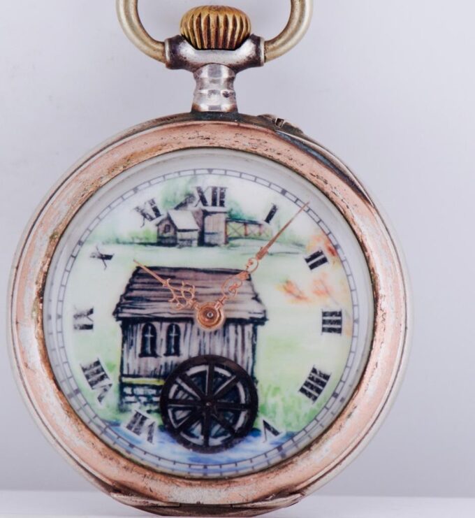 Antique Automaton Pocket Watch Water Mill Scene Gold Filled Trim | Engraved