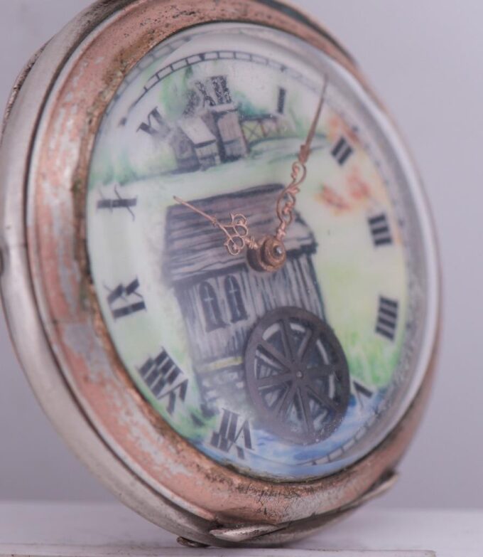 Antique Automaton Pocket Watch Water Mill Scene Gold Filled Trim | Engraved