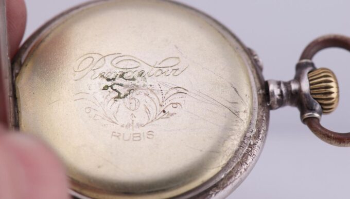 Antique Automaton Pocket Watch Water Mill Scene Gold Filled Trim | Engraved