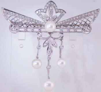 Antique Art Deco Tiffany & Co Brooch 18k White Gold Diamond & Pearl c1930s Boxed