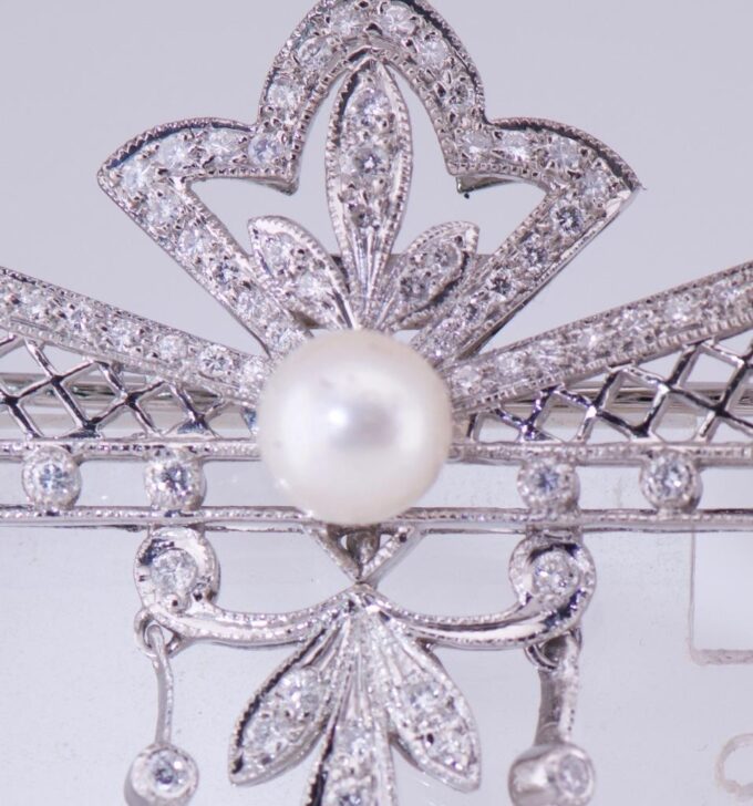 Antique Art Deco Tiffany & Co Brooch 18k White Gold Diamond & Pearl c1930s Boxed
