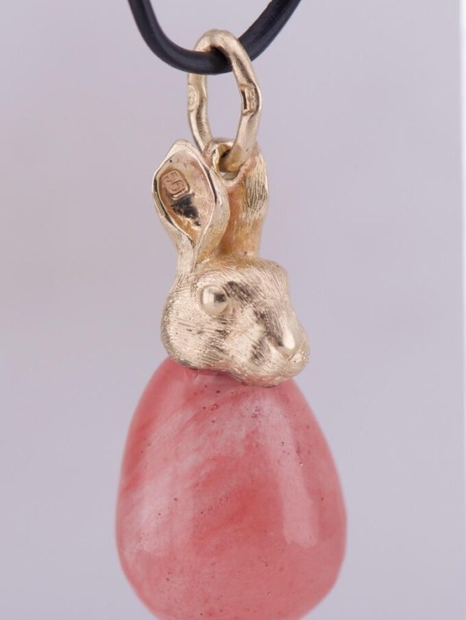 Antique Imperial FABERGE Easter Egg Rabbit Pendant 14k Gold Carved Pink Quartz