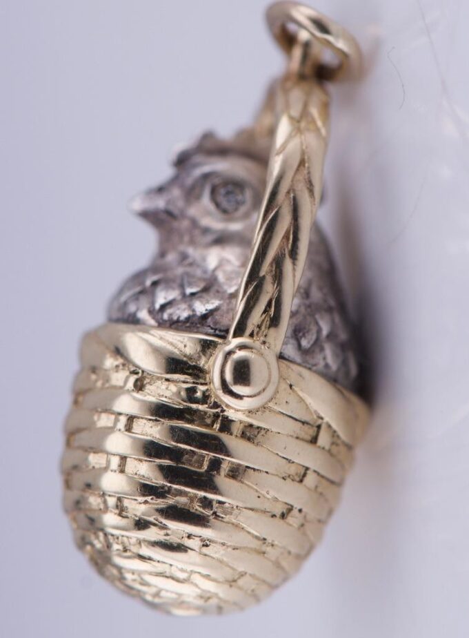 Antique Imperial Faberge 14k Gold Chicken in Basket Pendant Easter Egg Box c1890