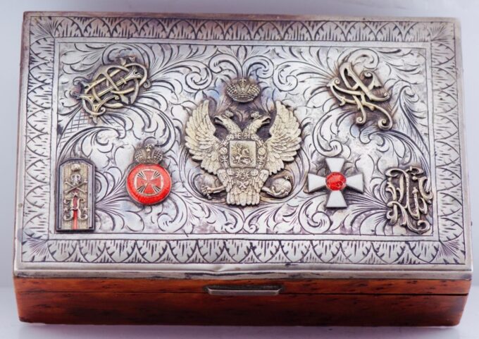 Faberge Cigar Case Antique Imperial Tsar's Era Silver Enamel & Acajou Wood c1880