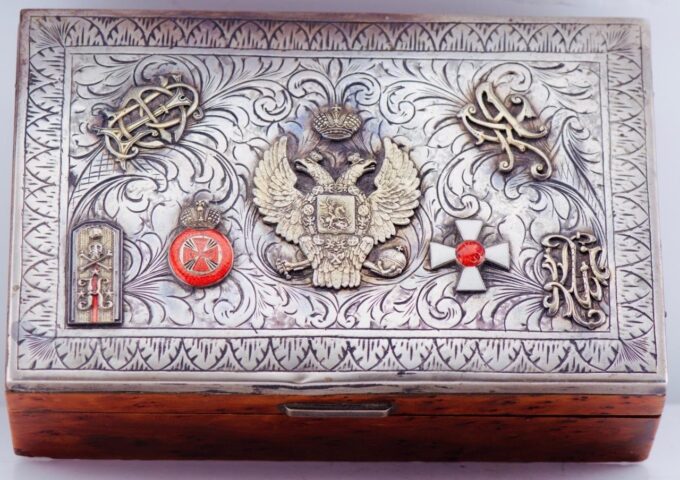 Faberge Cigar Case Antique Imperial Tsar's Era Silver Enamel & Acajou Wood c1880