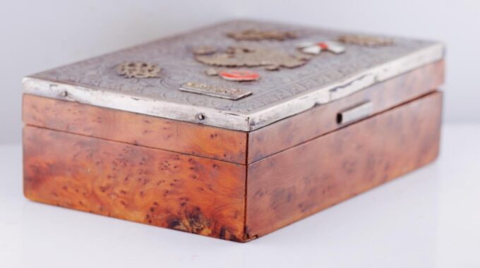 Faberge Cigar Case Antique Imperial Tsar's Era Silver Enamel & Acajou Wood c1880
