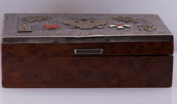 Faberge Cigar Case Antique Imperial Tsar's Era Silver Enamel & Acajou Wood c1880