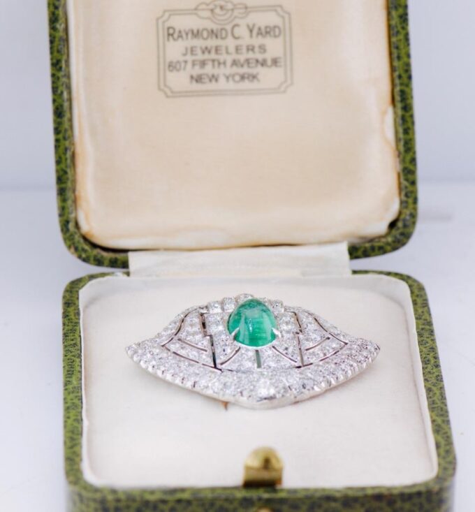 Raymond Yard Diamond Emerald Platinum Scarf Clip Brooch Antique Art-Deco c1930's