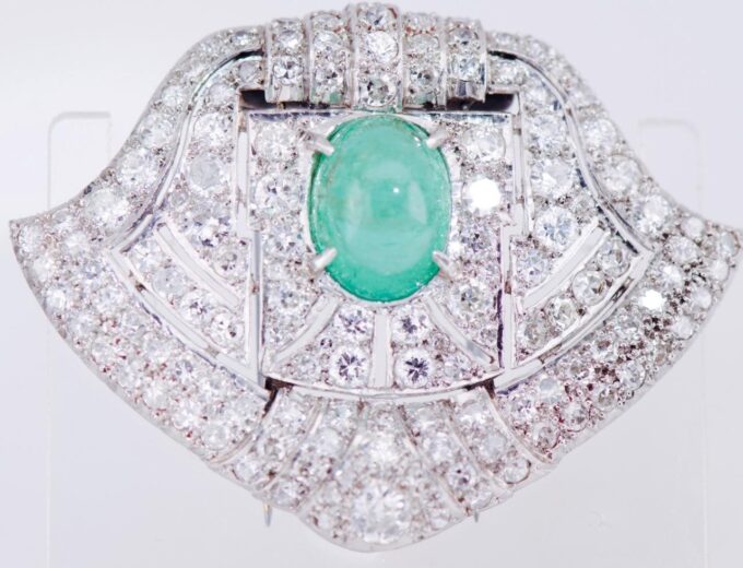 Raymond Yard Diamond Emerald Platinum Scarf Clip Brooch Antique Art-Deco c1930's
