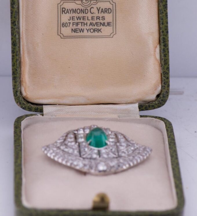 Raymond Yard Diamond Emerald Platinum Scarf Clip Brooch Antique Art-Deco c1930's