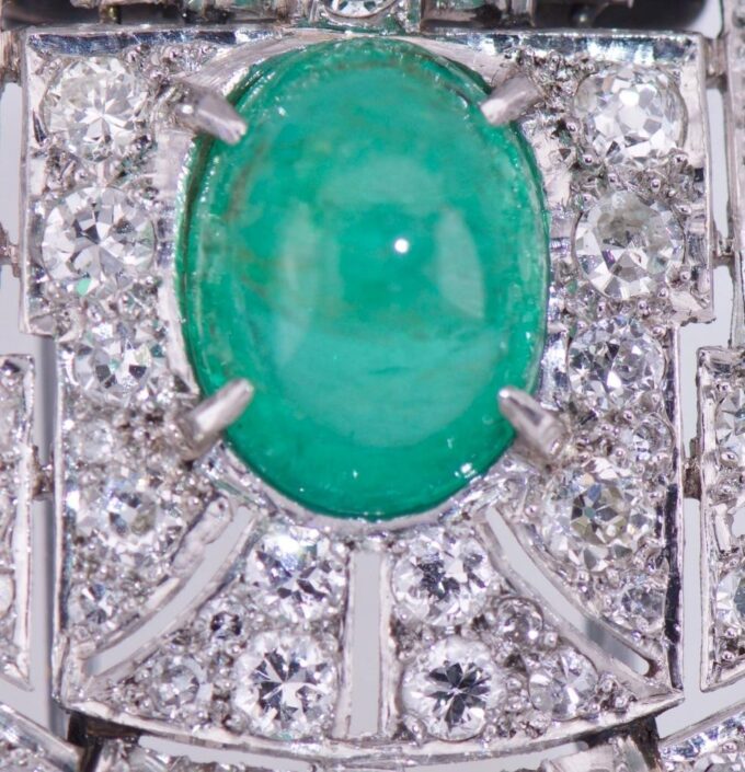 Raymond Yard Diamond Emerald Platinum Scarf Clip Brooch Antique Art-Deco c1930's