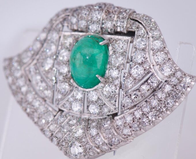 Raymond Yard Diamond Emerald Platinum Scarf Clip Brooch Antique Art-Deco c1930's