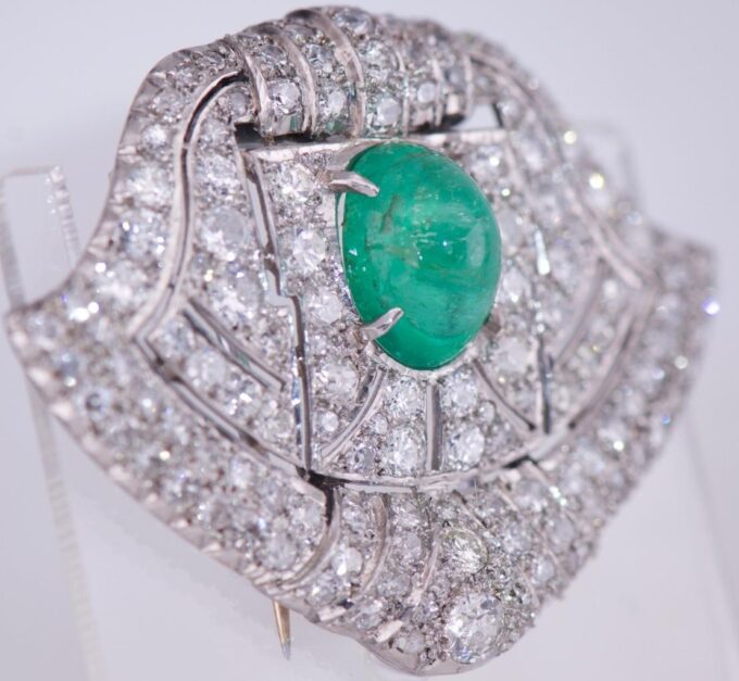 Raymond Yard Diamond Emerald Platinum Scarf Clip Brooch Antique Art-Deco c1930's