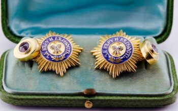 Faberge Antique Gilt Silver Enamel Cufflinks Set St.Andrew Order Empire Tsar Er