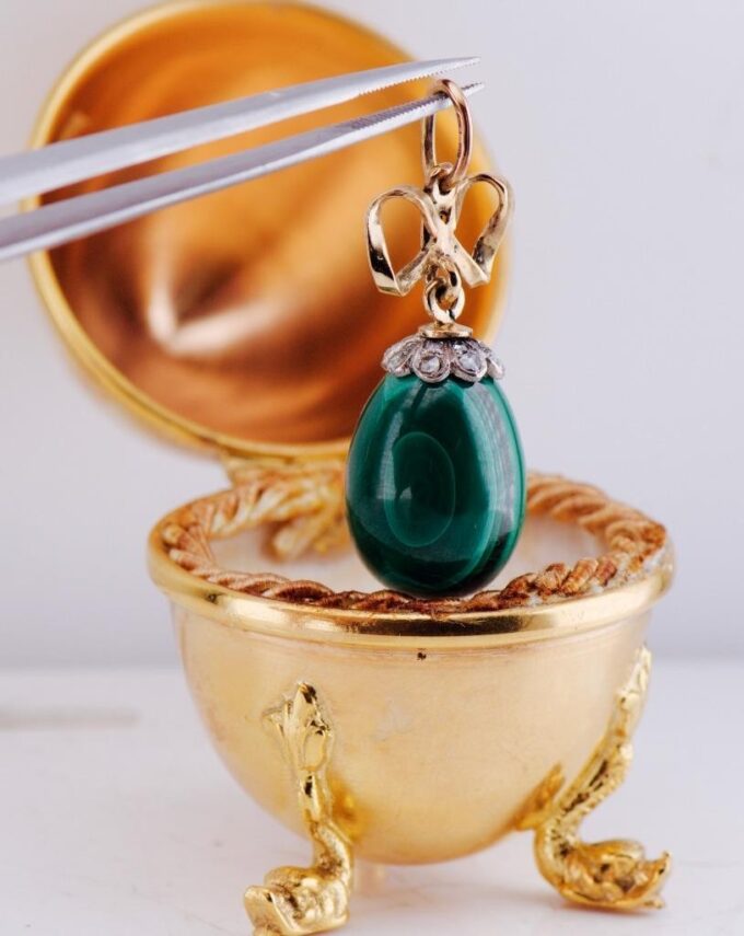 Faberge Antique Pendant Easter Egg 14k Gold Carved Malachite c1890's Egg Box