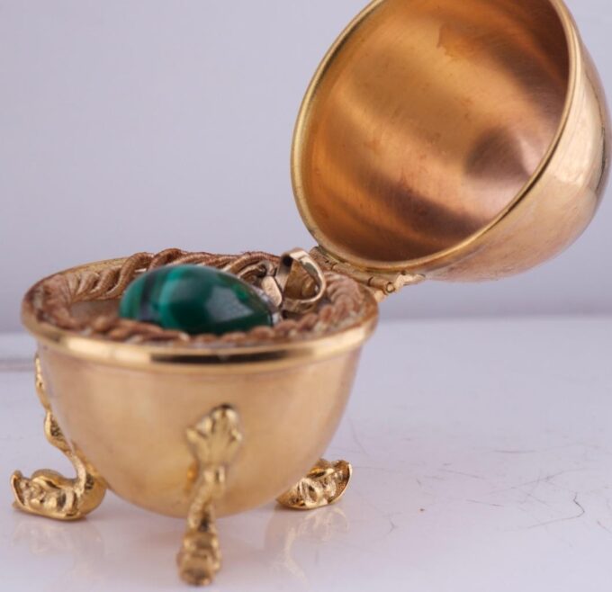 Faberge Antique Pendant Easter Egg 14k Gold Carved Malachite c1890's Egg Box